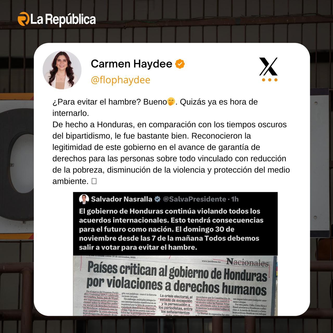 La candidata a diputada por el partido Libre, Carmen Hayeé, señaló la invitación que el candidato presidencial del partido Liberal, Salvador - Cover Image